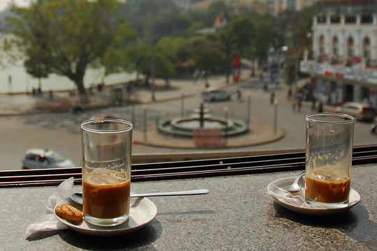 Vietnamese Coffees with a view of Hoan Kiem Lake.