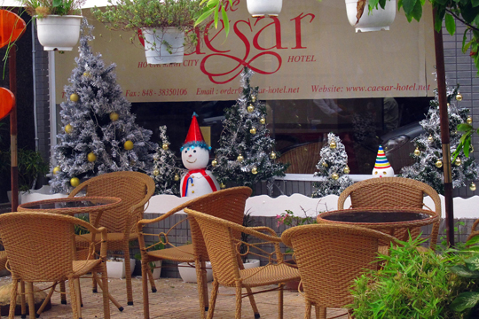 "Snow" on the Christmas-decorated patio, Saigon.