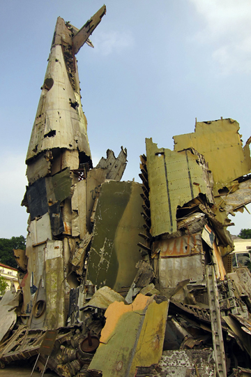 Macabre sculpture made of parts from downed US aircraft.