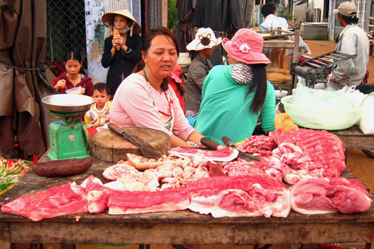 Meat seller at the market, fishing village near Hoi An.