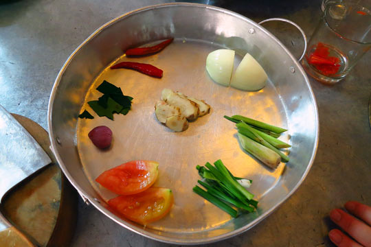 Roger's ingredients for the Tangy Coconut Soup with fresh Thai herbs and chicken.