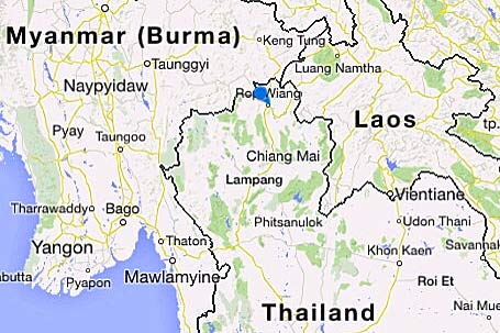 Blue marker is where Santikhiri (Mae Salong) is located.