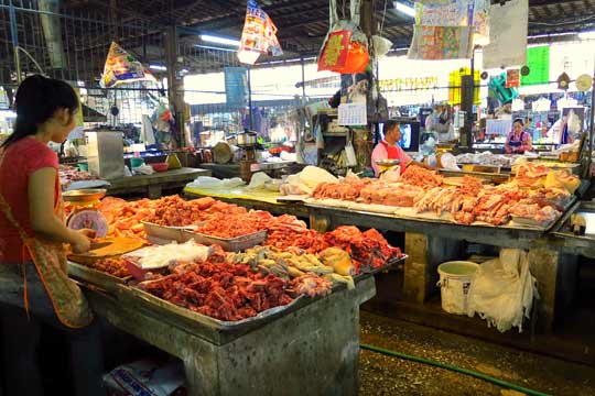 Meat counters at the market.