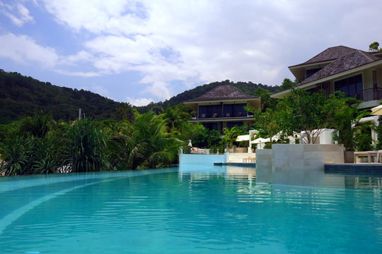 Pool-level view of our room; upper-most building on the right.